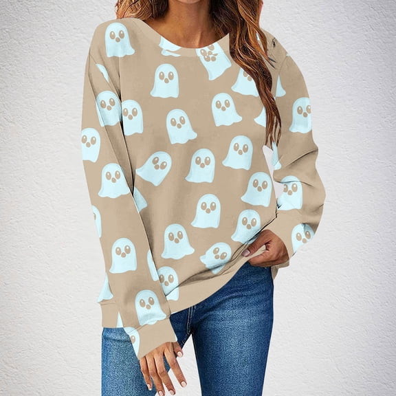 FDGIU Women's Halloween Sweatshirt 2025 - Spooky Ghost and Pumpkin Graphic Long Sleeve, Cute Fall Pullover Top, Funny Crewneck Cozy Seasonal Fashion