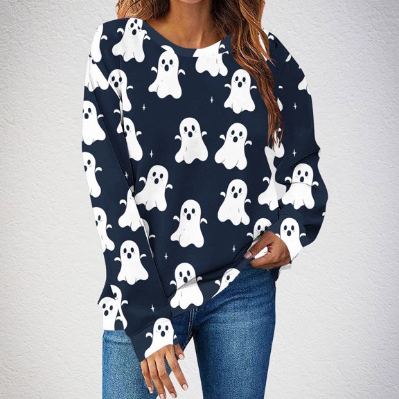 FDGIU Women's Halloween Sweatshirt 2025 - Spooky Ghost and Pumpkin Graphic Long Sleeve, Cute Fall Pullover Top, Funny Crewneck Cozy Seasonal Fashion