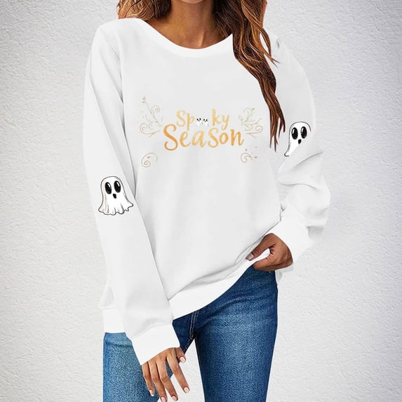 FDGIU Women's Halloween Sweatshirt 2025 - Spooky Ghost and Pumpkin Graphic Long Sleeve, Cute Fall Pullover Top, Funny Crewneck Cozy Seasonal Fashion