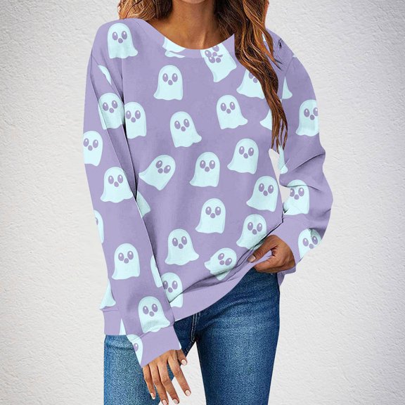 FDGIU Women's Halloween Sweatshirt 2025 - Spooky Ghost and Pumpkin Graphic Long Sleeve, Cute Fall Pullover Top, Funny Crewneck Cozy Seasonal Fashion