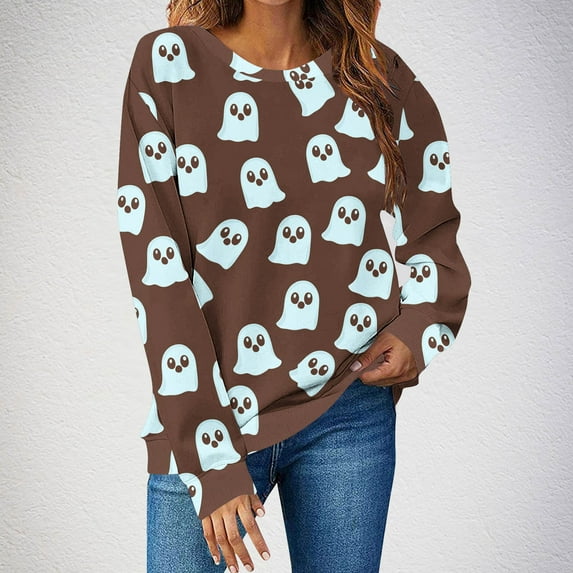 FDGIU Women's Halloween Sweatshirt 2025 - Spooky Ghost and Pumpkin Graphic Long Sleeve, Cute Fall Pullover Top, Funny Crewneck Cozy Seasonal Fashion