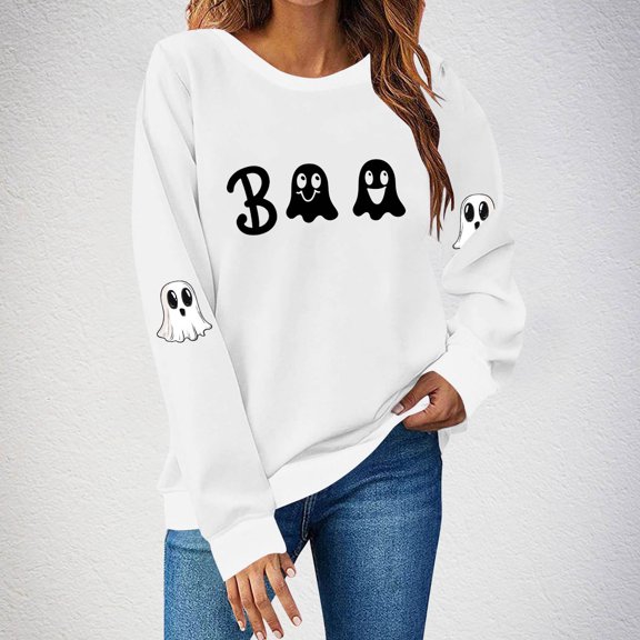 FDGIU Women's Halloween Sweatshirt 2025 - Spooky Ghost and Pumpkin Graphic Long Sleeve, Cute Fall Pullover Top, Funny Crewneck Cozy Seasonal Fashion