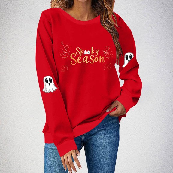 FDGIU Women's Halloween Sweatshirt 2025 - Spooky Ghost and Pumpkin Graphic Long Sleeve, Cute Fall Pullover Top, Funny Crewneck Cozy Seasonal Fashion