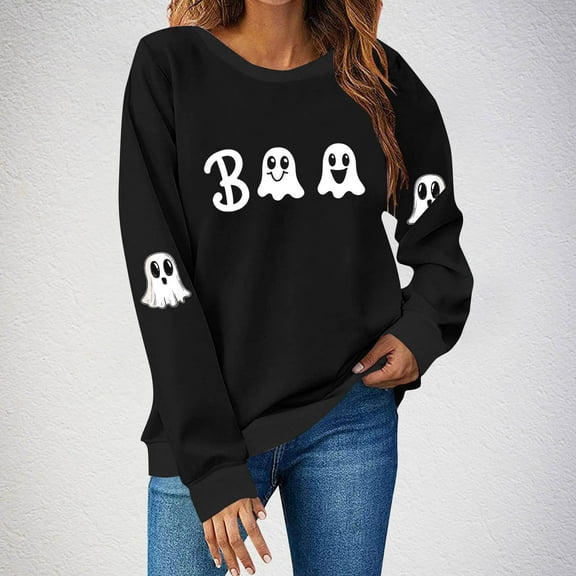 FDGIU Women's Halloween Sweatshirt 2025 - Spooky Ghost and Pumpkin Graphic Long Sleeve, Cute Fall Pullover Top, Funny Crewneck Cozy Seasonal Fashion