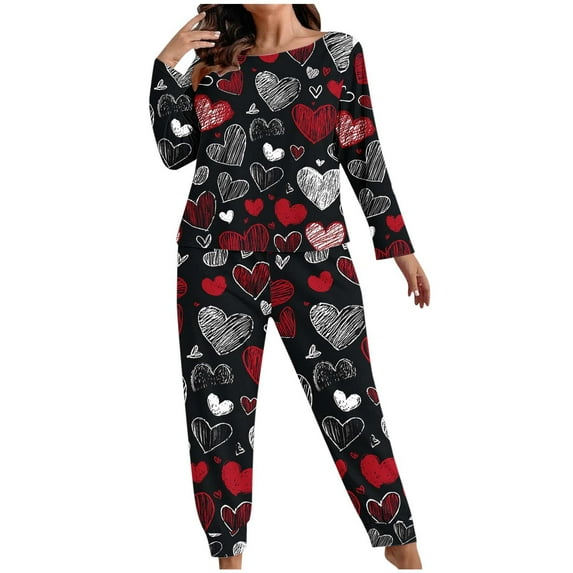 FDGIU Women's Heart Print Pajamas Plus Size - Long Sleeve Button Up & Pants Comfy Sleepwear Set