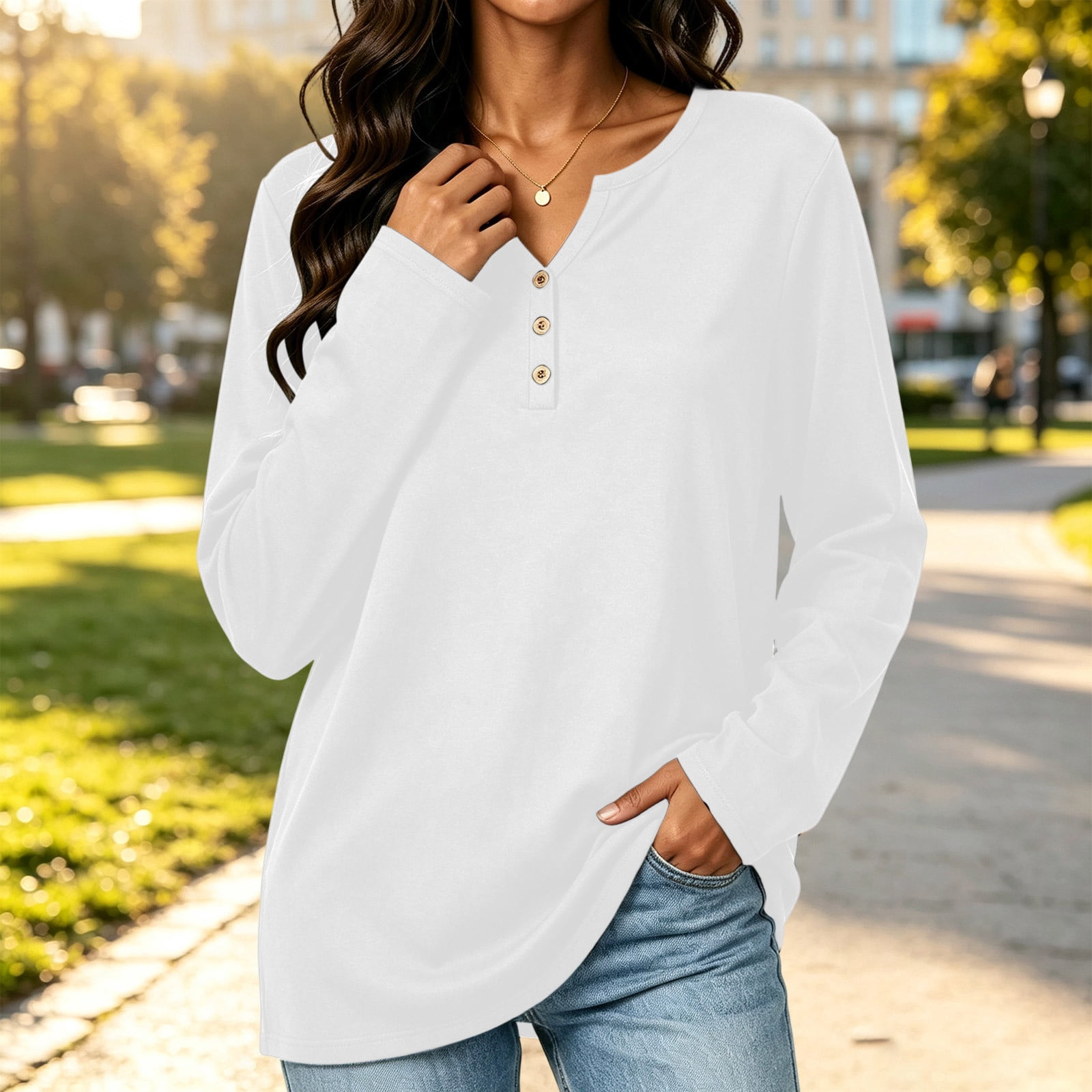 FDGIU Women's Henley Notch V Neck Long Sleeve Tunic Top Button Placket ...