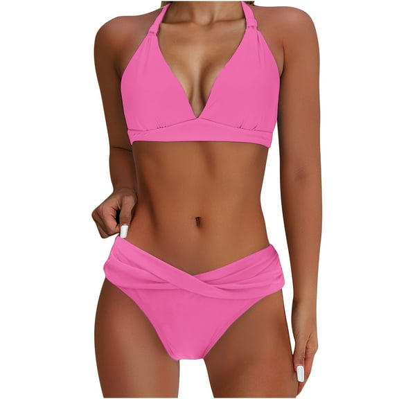 FDGIU Women's High Waisted Bikini Set V Neck Front & Adjustable Straps Two Piece Swimsuit, Tummy Control Tankini Bathing Suit, for Beach Vacation; Bathing Suits for Women