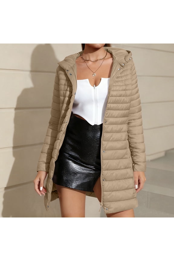 Women's Hood Mid Length Quilted Puffer Coat, Full Zip Snap Button Lightweight Padded Jacket with Side Pockets for 2026 Fall Winter Travel Daily Layering