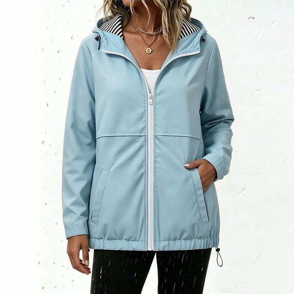 FDGIU Women's Hooded Zip Up Lightweight Windbreaker Jacket, Drawstring Hem Loose Casual Outerwear Coat with Side Pockets for Spring Fall Outdoor Travel Daily Layering