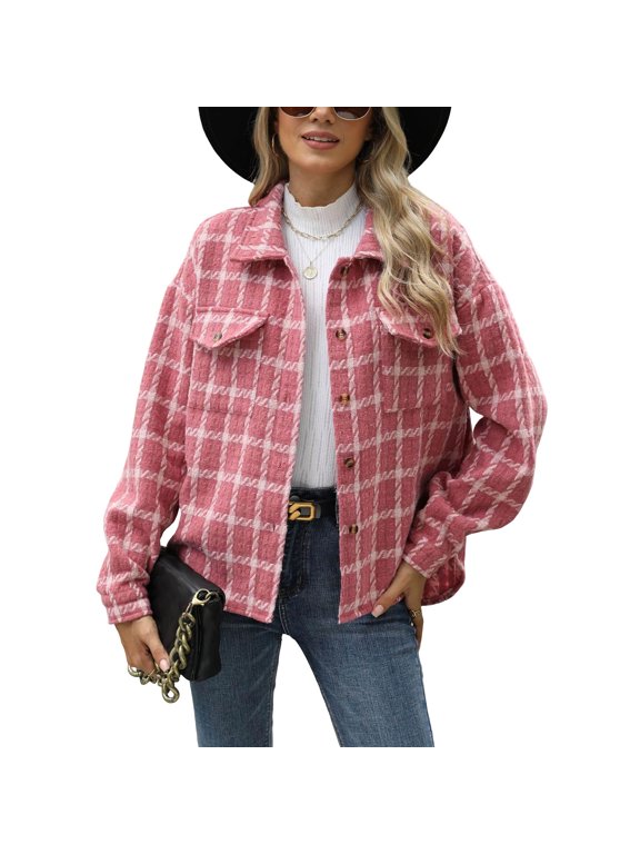 Women's Houndstooth Plaid Shacket Jacket, Long Sleeve Lapel Button Down Casual Outerwear With Chest Flap Pockets, Loose Cropped Coat for Fall Spring