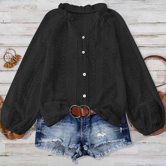 FDGIU Women's Lace Long Sleeve Blouse 2025 - Oversized Crew Neck Top, Trendy Fall Winter Work & Date Outfit, Casual Business Shirt