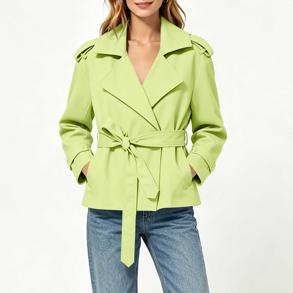FDGIU Women's Lapel Belted Cropped Trench Jacket, Double Breasted Long Sleeve Lightweight Wind Coat with Side Pockets for Spring Fall Casual Office Daily Layering
