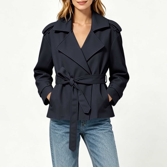 FDGIU Women's Lapel Belted Cropped Trench Jacket, Double Breasted Long Sleeve Lightweight Wind Coat with Side Pockets for Spring Fall Casual Office Daily Layering