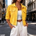 thumbnail image 1 of FDGIU Women's Lapel Button Down Cropped Denim Jacket, Three Quarter Sleeve Solid Jean Coat with Chest Flap Pockets for Spring Summer Casual Daily Layering, 1 of 7