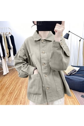 Women's Lapel Collar Button Down Oversized Shacket, Long Sleeve Twill Cargo Jacket with Multi Patch Pockets for Spring Fall Outdoor Daily Layering