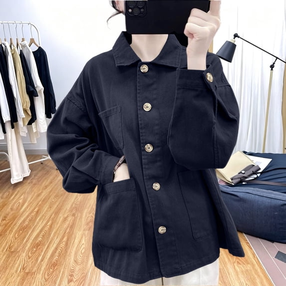 FDGIU Women's Lapel Collar Button Down Oversized Shacket, Long Sleeve Twill Cargo Jacket with Multi Patch Pockets for Spring Fall Outdoor Daily Layering