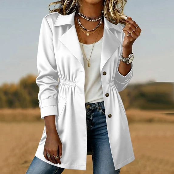 FDGIU Women's Lapel Collar Waist Mid Length Trench Coat, Adjustable Cuff Long Sleeve Button Down Lightweight Wind Jacket with Side Pockets for 2026 Spring Fall Daily Casual Layering