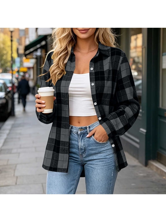 Women's Lapel Long Sleeve Plaid Button Down Shirt Jacket, Loose Curved Hem Lightweight Flannel Check Shacket with Side Pockets for Spring Fall Casual Daily Layering