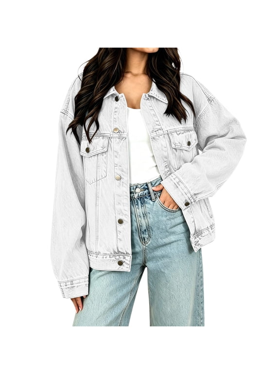Women's Lapel Oversized Denim Jacket, Long Sleeve Button Front Casual Outerwear With Flap Chest Pockets, Loose Fit Trucker Coat for Fall Spring