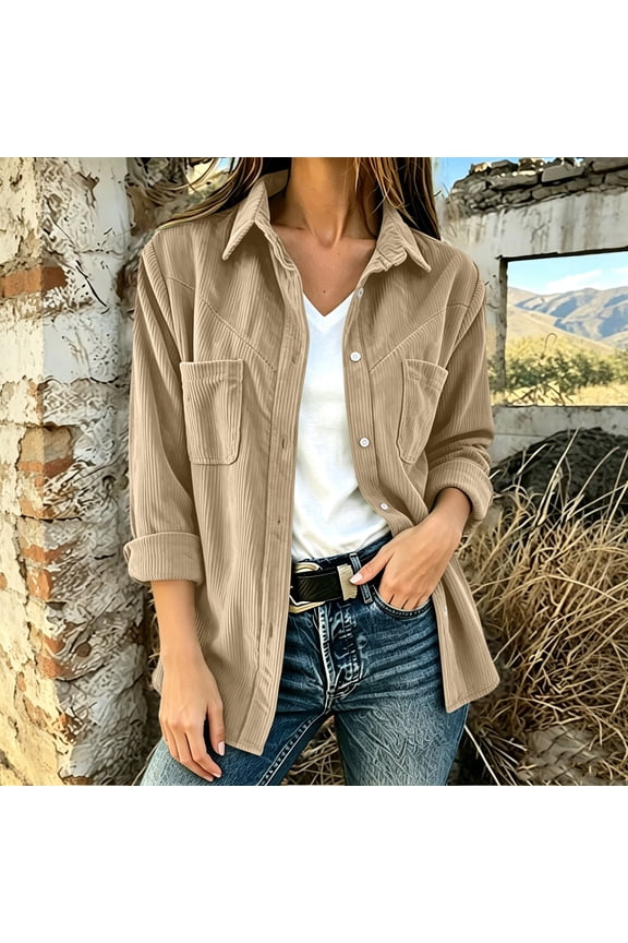 Women's Lapel Ribbed Button Down Shacket, Roll Tab Long Sleeve Dual Chest Pocket Loose Fit Solid Overshirt Jacket for Fall Winter Daily