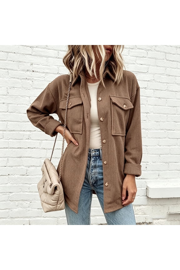 Women's Lapel Ribbed Button Down Shacket, Roll Tab Long Sleeve Dual Chest Pocket Loose Fit Solid Overshirt Jacket for Fall Winter Daily