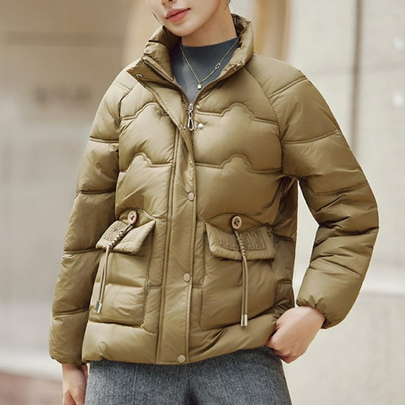 FDGIU Women's Lightweight Quilted Puffer Jacket - Long Sleeve Zip Up with Pockets, Loose Fit Warm Winter Casual Outerwear Coat
