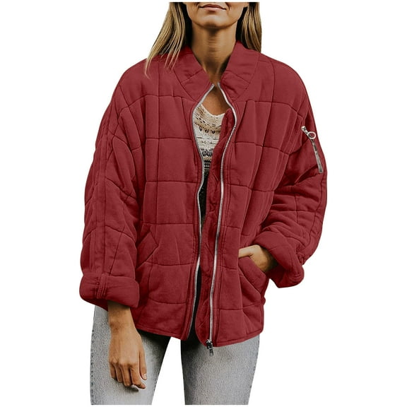 FDGIU Women's Lightweight Quilted Puffer Jacket - Long Sleeve Zip Up with Pockets, Loose Fit Warm Winter Casual Outerwear Coat