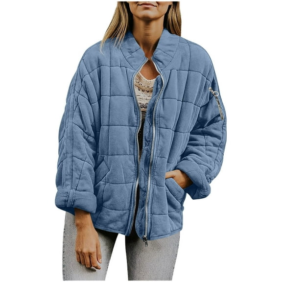 FDGIU Women's Lightweight Quilted Puffer Jacket - Long Sleeve Zip Up with Pockets, Loose Fit Warm Winter Casual Outerwear Coat