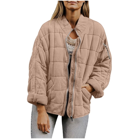 FDGIU Women's Lightweight Quilted Puffer Jacket - Long Sleeve Zip Up with Pockets, Loose Fit Warm Winter Casual Outerwear Coat