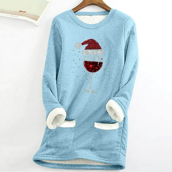 FDGIU Women's Lined Christmas Sweatshirt, Warm Fleece Pullover with Festive Wine Glass Print, Plus Size Winter Loungewear 2025