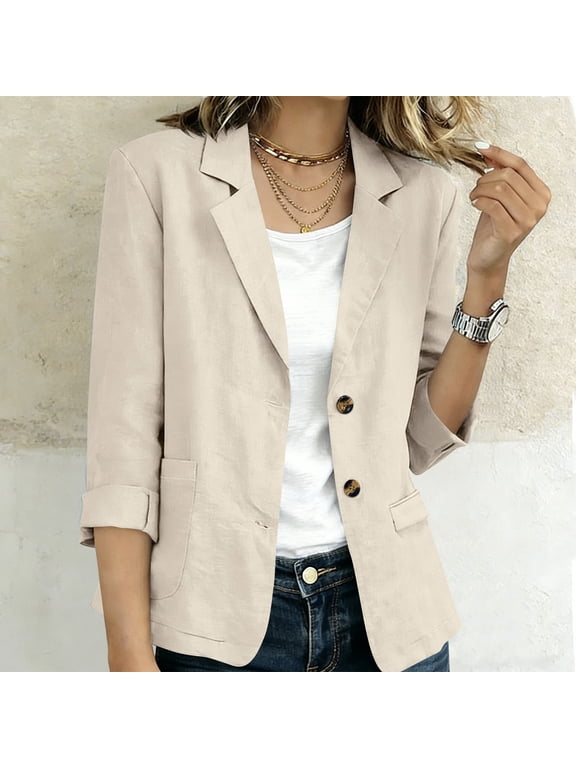 Women's Linen Blend 3/4 Sleeve Blazer Jacket, Two Button Notched Lapel Open Front Suit Coat with Patch Pockets for Office Business Casual Daily Layering