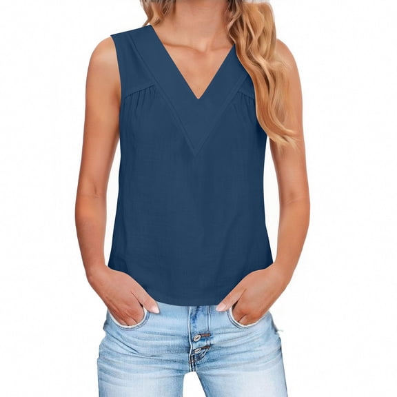 ‌FDGIU Women's Linen Crop Tank Tops - V Neck Sleeveless Blouse (Summer Pleated Business Casual) Solid Color