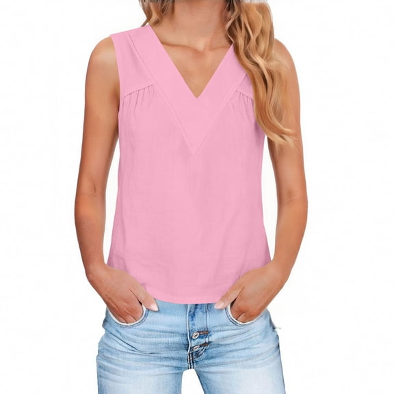 ‌FDGIU Women's Linen Crop Tank Tops - V Neck Sleeveless Blouse (Summer Pleated Business Casual) Solid Color