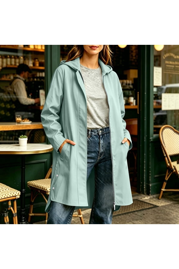 Women's Long Hooded Open Front Windbreaker Coat, Full Zip Side Slit Lightweight Outer Jacket with Hand Pockets for Spring Fall Travel Daily Casual Layering