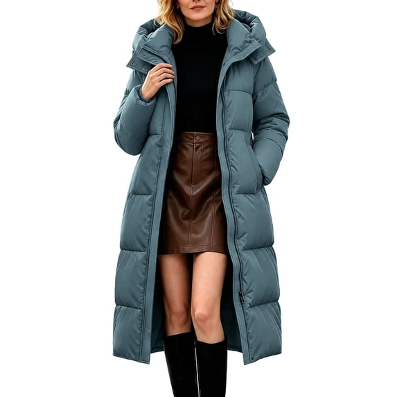 FDGIU Women's Long Hooded Puffer Coat Zip Up Maxi Length Quilted Padded ...
