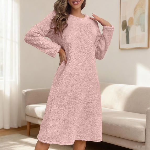 FDGIU Women's Long Sleeve Flannel Nightgown - Knee Length Sleepwear with Ruffle & Lace Trim, Cozy Winter Loungewear