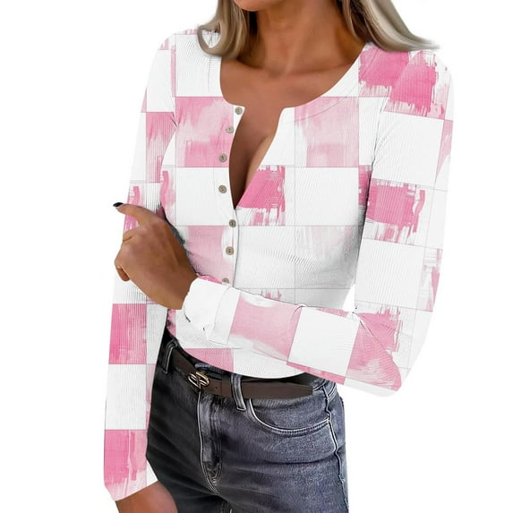 FDGIU Women’s Long Sleeve Henley Neck Shirt - Slim Fitted Ribbed Top for Going Out & Work Casual