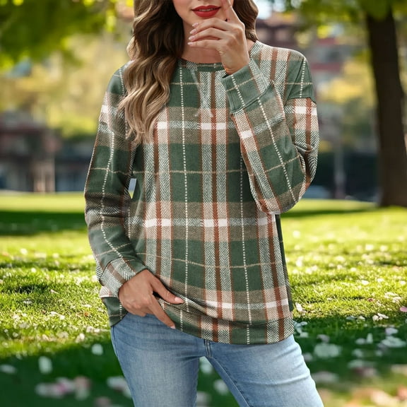 FDGIU Women's Long Sleeve Pleated Crew Neck Tunic Top - Dressy Plaid Casual Fall Blouse