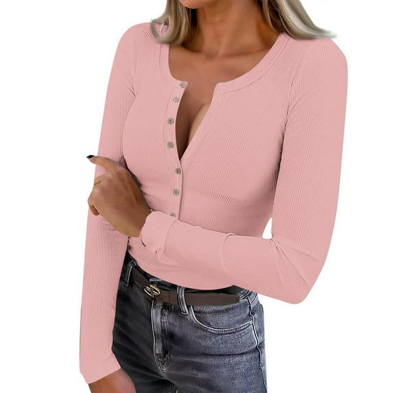 FDGIU Women’s Long Sleeve Ribbed Henley Top - Slim Fit Button Down Blouse for Casual Outfits & Layering