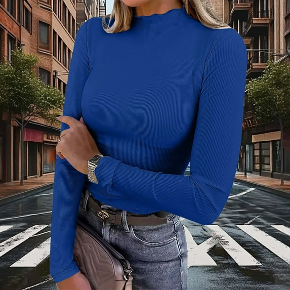 FDGIU Women's Long Sleeve Ribbed Knit Top - Stretch Fitted Crewneck Shirt for Fall Casual Layering