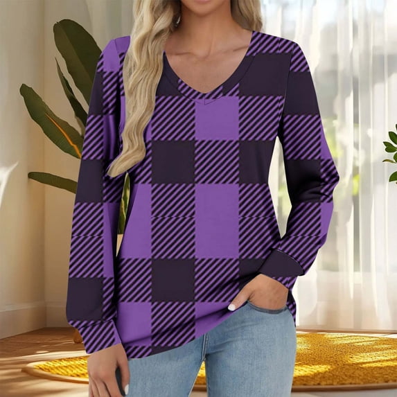 FDGIU Women's Long Sleeve V-Neck T-Shirt - Loose Fit Dressy Casual Basic Tee for Work