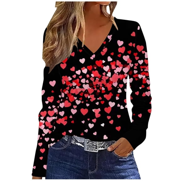 FDGIU Women's Long Sleeve Valentine Tops - Love Heart Print Crewneck Casual Pullover Holiday Gift