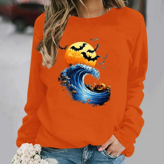 FDGIU Women's Loose Cute Crewneck Pullover, Halloween Graphic Tees for Women, Pumpkin Long Sleeve Tops, Soft Breathable Casual Top,Oversized Hooded Sweatshirts Fall