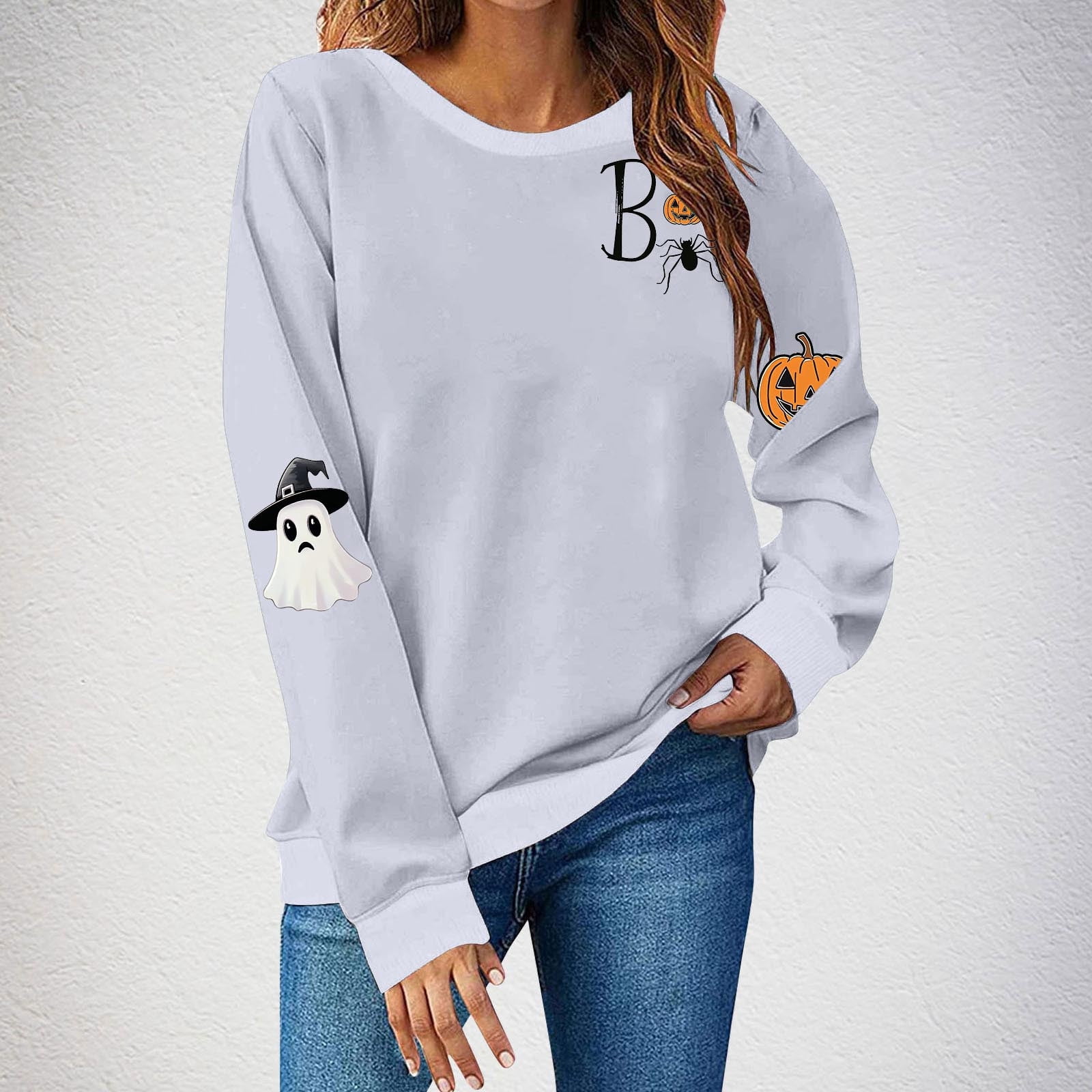 Medium Grey Sequin Happy Halloween Graphic Notched Neck Long Sleeve Loose Top main image 1