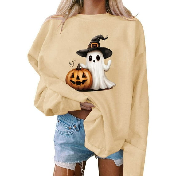 FDGIU Women's Loose Cute Crewneck Pullover, Halloween Graphic Tees for Women, Pumpkin Long Sleeve Tops, Soft Breathable Casual Top,Oversized Hooded Sweatshirts Fall