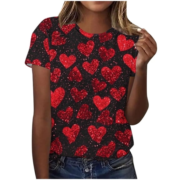 FDGIU ‌Women's Love Heart Graphic Tee - V-Neck Valentine T-Shirt Comfy Casual Blouse Gift