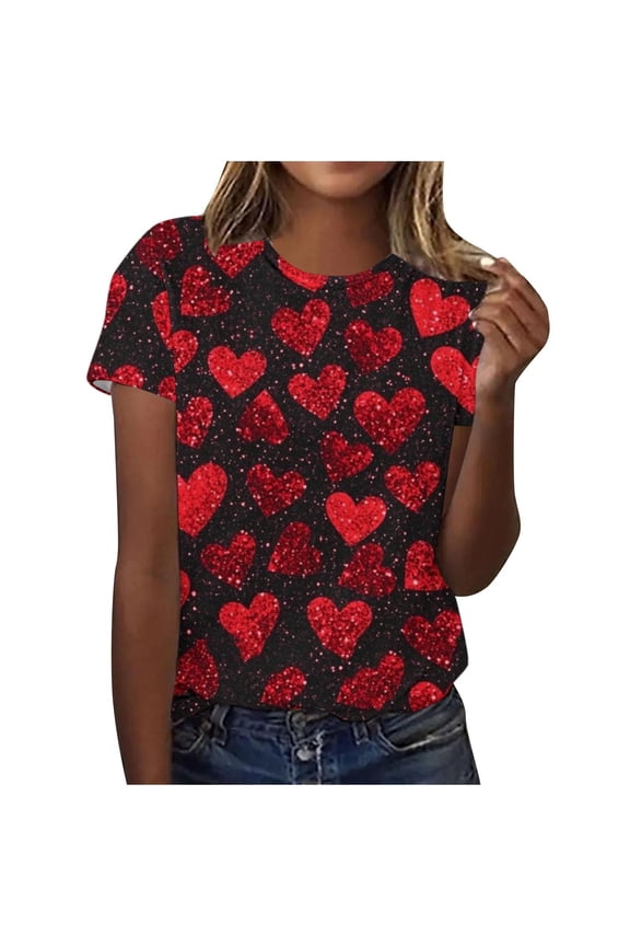 ‌Women's Love Heart Graphic Tee - V-Neck Valentine T-Shirt Comfy Casual Blouse Gift