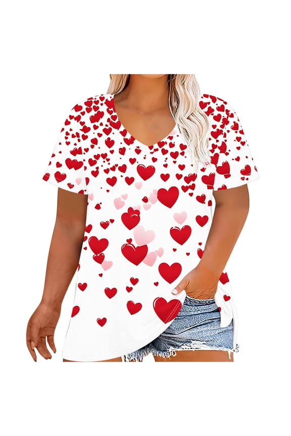 ‌Women's Love Heart Graphic Tee - V-Neck Valentine T-Shirt Comfy Casual Blouse Gift