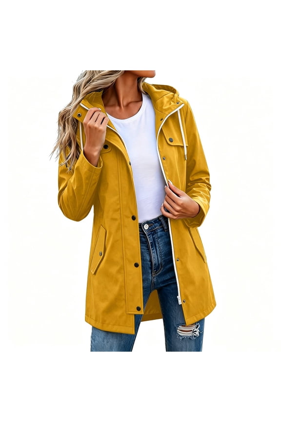 Women's Mid Length Hooded Wind Trench Jacket, Dual Zip Snap Lightweight Outdoor Coat with Flap Hand Pockets for Spring Fall Hiking Travel Daily Casual Layering