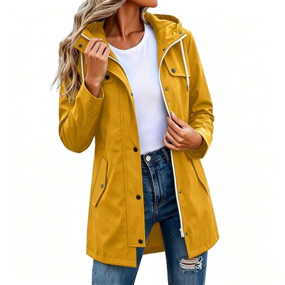 FDGIU Women's Mid Length Hooded Wind Trench Jacket, Dual Zip Snap Lightweight Outdoor Coat with Flap Hand Pockets for Spring Fall Hiking Travel Daily Casual Layering